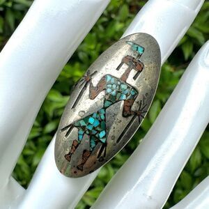 Judy Wallace sterling silver turquoise coral kokopelli ring